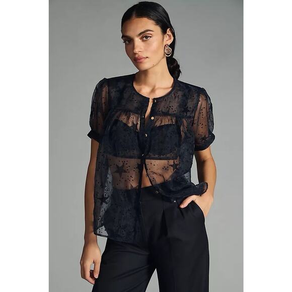 Anthropologie Tops - Anthropologie Let Me Be Sheer Navy Blue Velvet Star Pattern Puff Sleeve Blouse S